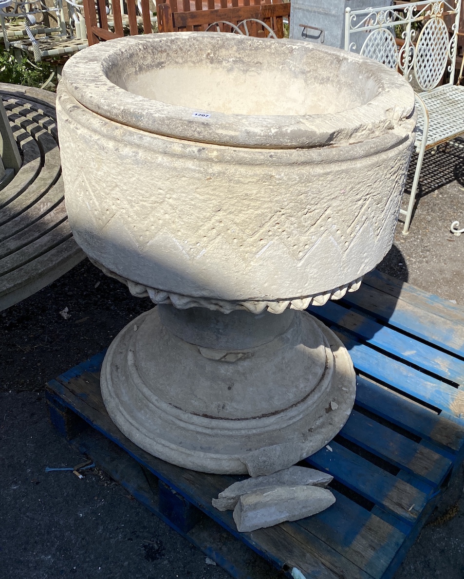 A carved stone sectional font, diameter 80 cm, height 91cm